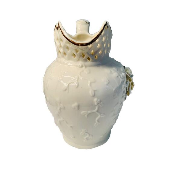 Vintage Porcelain Pitcher 3D Roses Lattice Neck 7.5" Cream Home Decor Rose Vase - Picture 3 of 12